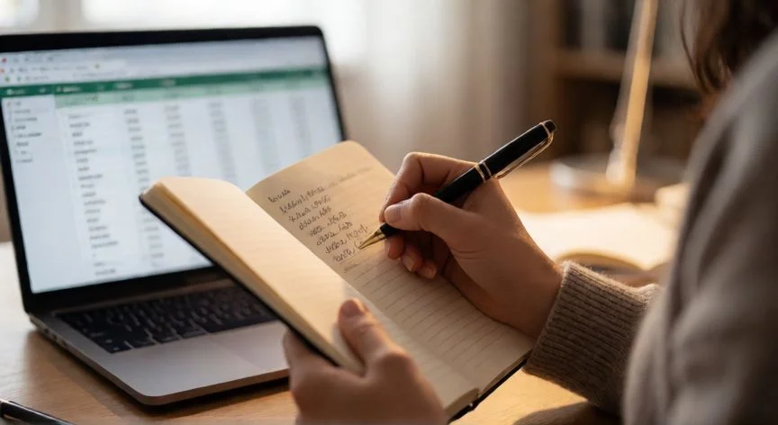 Persona anotando gastos en un cuaderno para hacer presupuesto
