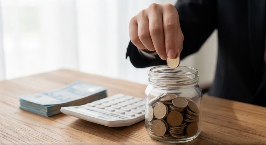 como ahorrar dinero wikihow, Mano poniendo una moneda en un frasco de ahorro de cristal