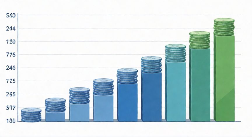 Gráfico de barras creciente con monedas simbolizando el interés compuesto y el ahorro inteligente