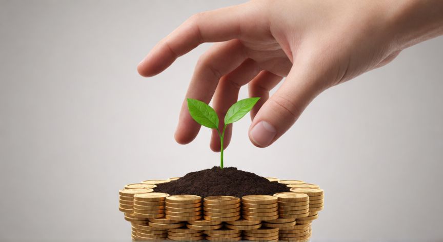 como ahorrar dinero y que crezca, Mano plantando una planta en un macetero de monedas representando el crecimiento del patrimonio a largo plazo