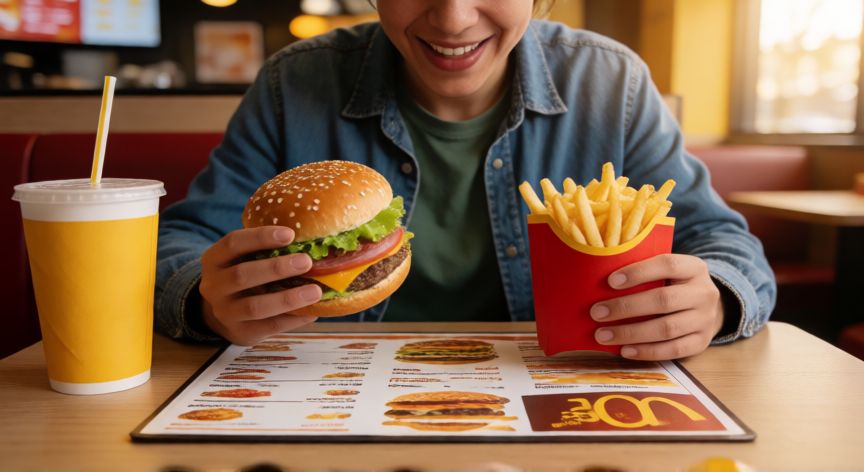 como ahorrar en burger king, Persona disfrutando de una hamburguesa en un restaurante de comida rápida
