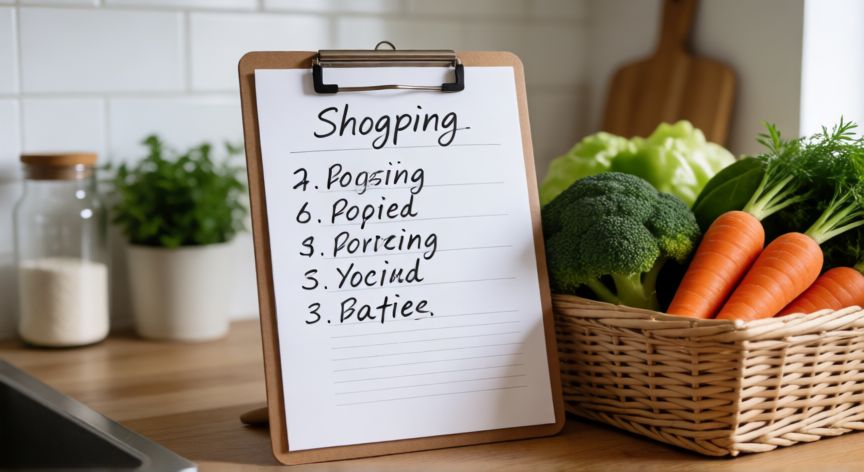 como ahorrar en comida, Lista de compras y vegetales frescos en la cocina para planificar el menú semanal