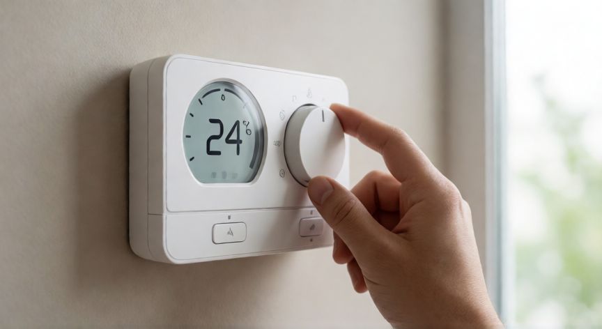 como ahorrar en el aire acondicionado, Termostato de aire acondicionado ajustado a 24 grados en una pared de casa
