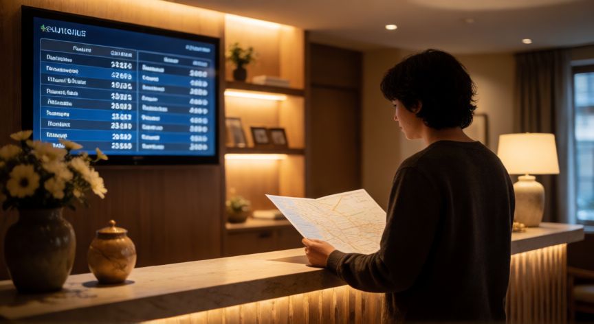como ahorrar en hoteles, Recepción de hotel con panel de tarifas y persona consultando mapa