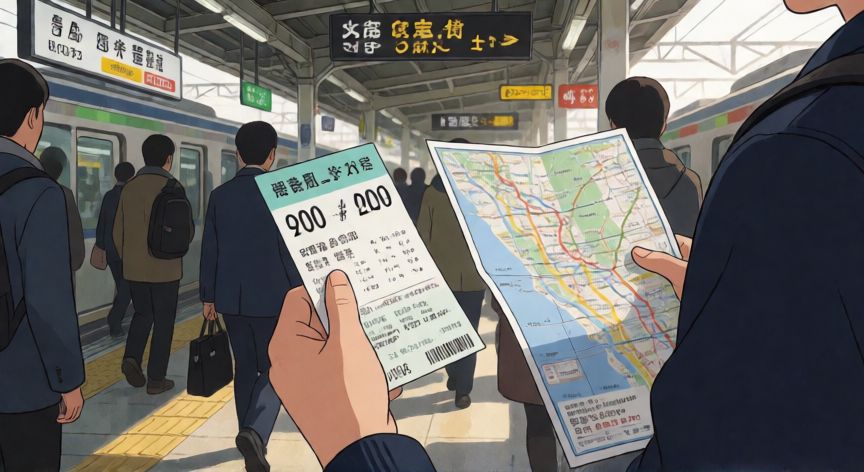 como ahorrar en japon, Viajero consultando mapa en estación de tren japonesa