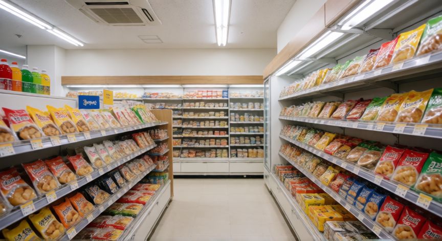 como ahorrar en japon, Interior de tienda de conveniencia japonesa con productos