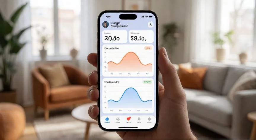 Móvil mostrando la aplicación Klar con gráficos de consumo eléctrico en una sala de estar