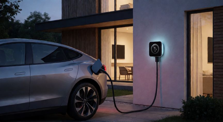 como ahorrar en klar, Cocheléctrico cargando en casa con termostato inteligente en la pared al atardecer