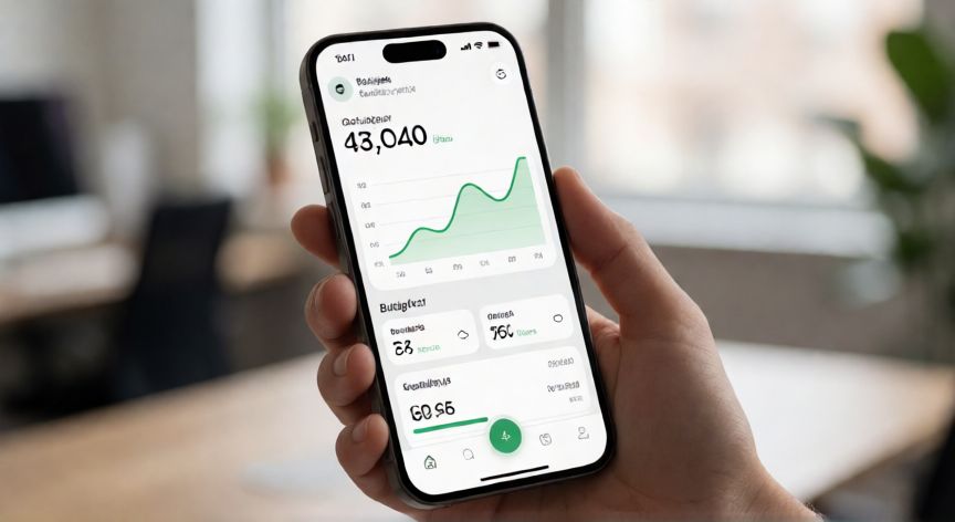 como ahorrar en kontigo, Pantalla de móvil mostrando la interfaz de la app Kontigo con gráficos de presupuesto