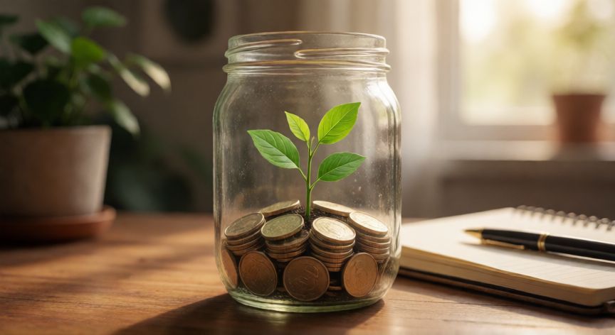como ahorrar en kontigo, Concepto visual de ahorro y crecimiento financiero con una planta de monedas en un frasco
