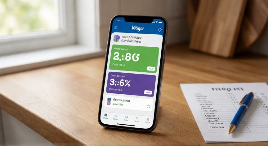 como ahorrar en kroger, Telefónico mostrando la app de Kroger con cupones digitales en una cocina