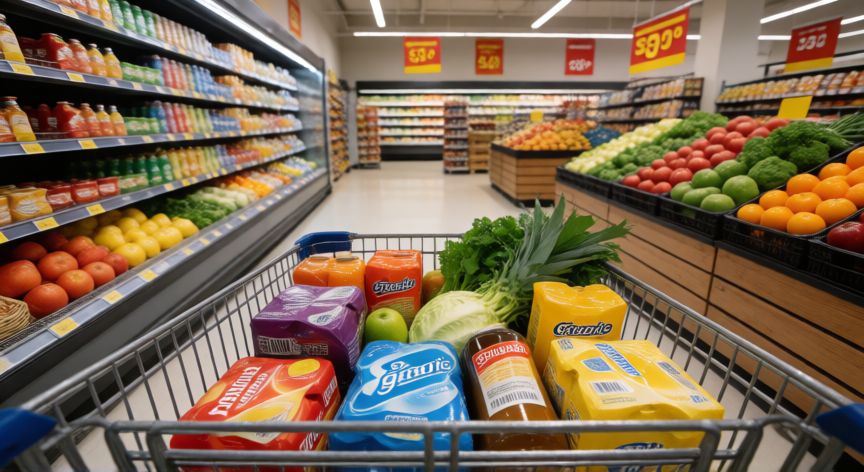 como ahorrar en kroger, Carrito de compras lleno de productos de marca propia y ofertas en un supermercado
