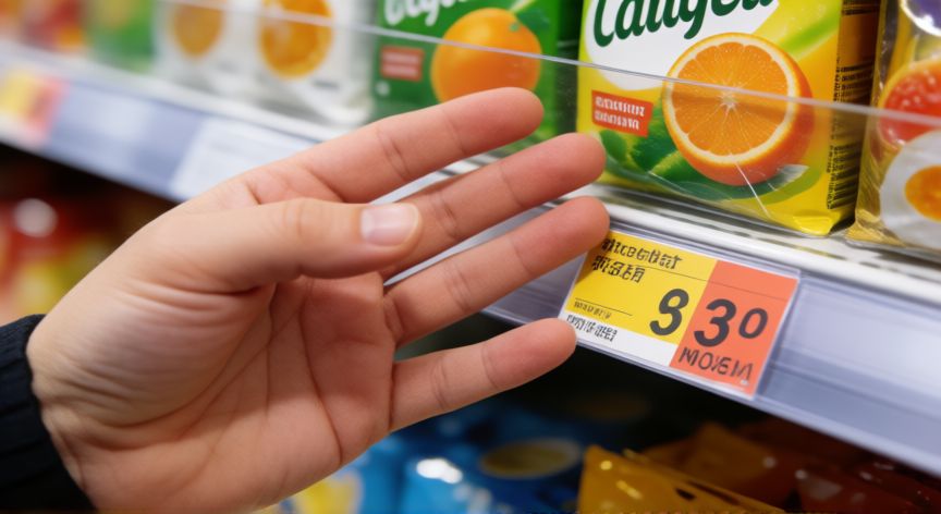 como ahorrar en la compra, Manos comparando precios de productos en el supermercado