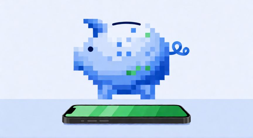 como ahorrar en nu colombia, Banco de cerdo digital pixelado sobre un teléfono móvil simbolizando el ahorro financiero