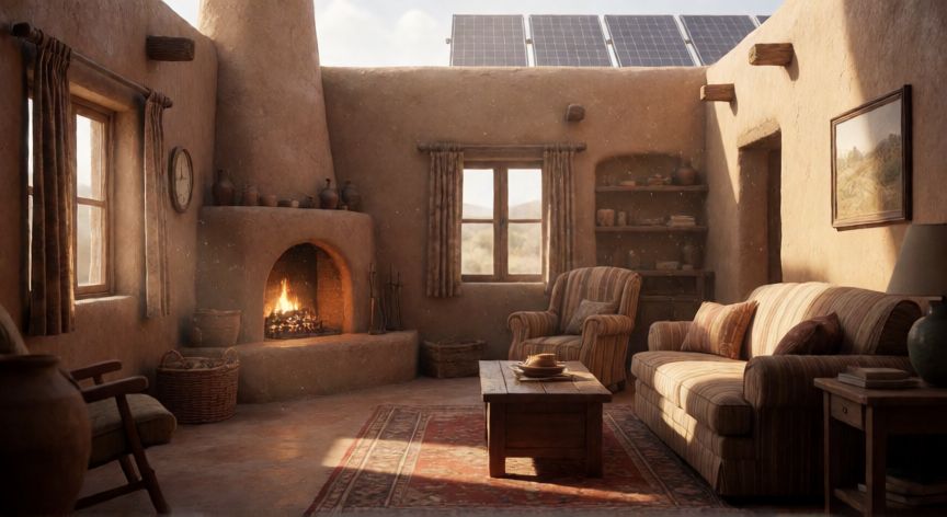 como ahorrar en nu mexico, Interior de casa adobe en Nuevo México con mejoras de eficiencia energética