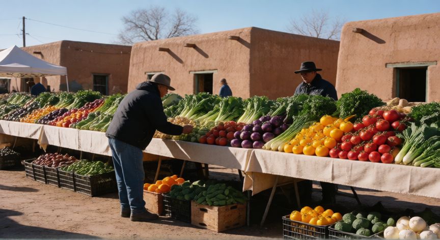 como ahorrar en nu mexico, Persona comprando verduras frescas en un mercado local de Nuevo México