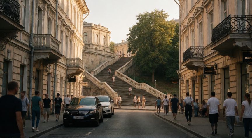 como ahorrar en odessa, Vista de la Escalinata de Potemkin en Odessa con luz de atardecer y ambiente urbano