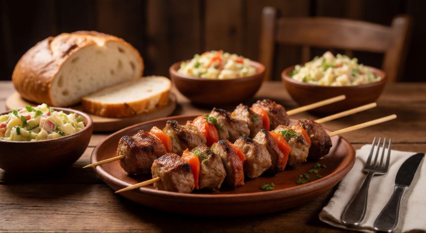 como ahorrar en odessa, Plato de shashlych ucraniano con pan y ensaladas sobre mesa de madera
