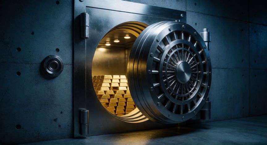 como ahorrar en oro, Puerta de bóveda bancaria abierta mostrando barras de oro apiladas con iluminación dramática