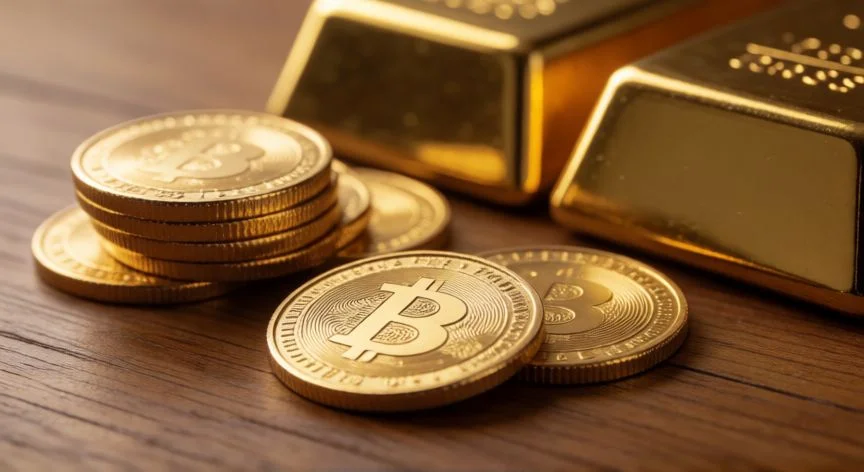 Monedas y barras de oro sobre una mesa de madera