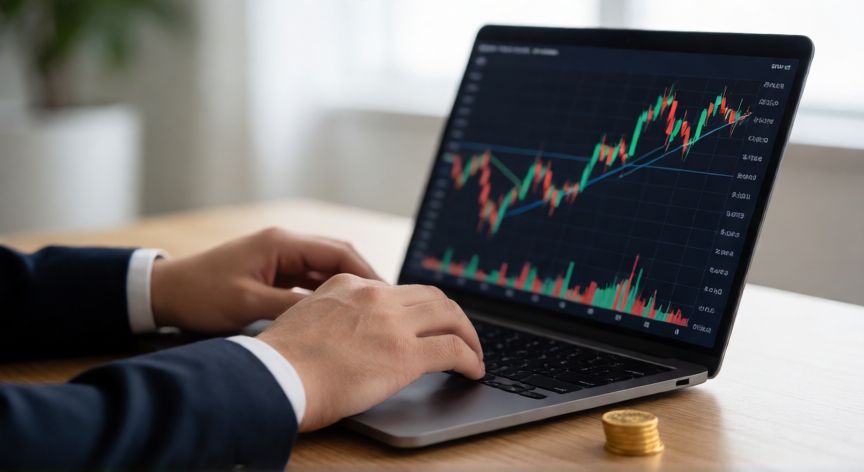 como ahorrar en oro en argentina, Inversor analizando gráficos financieros con una moneda de oro