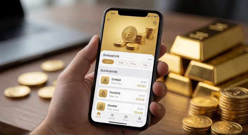 Persona revisando la app de inversión de oro en el teléfono móvil