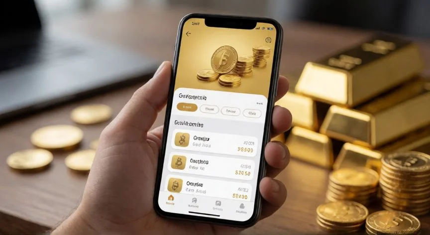 Persona revisando la app de inversión de oro en el teléfono móvil