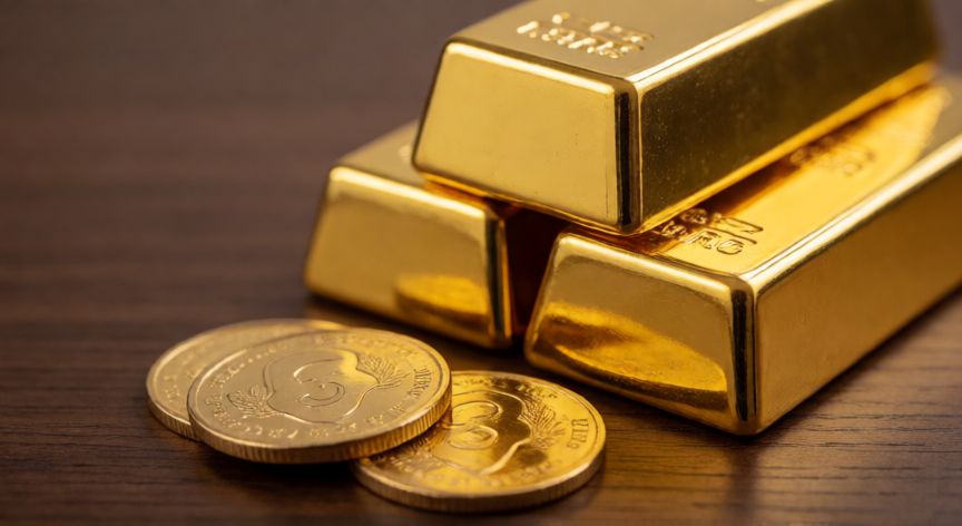 Lingotes y monedas de oro sobre una mesa de madera