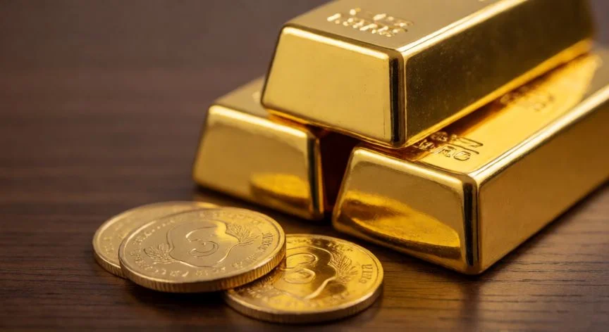 Lingotes y monedas de oro sobre una mesa de madera