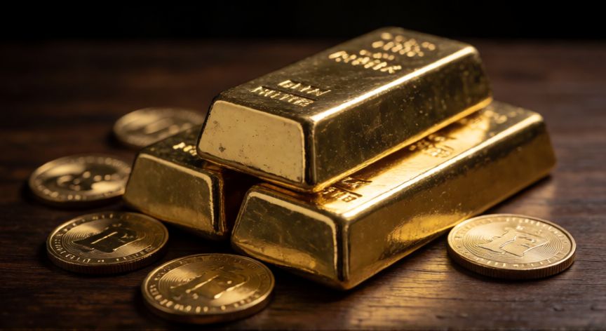 como ahorrar en oro en venezuela, Puros y monedas de oro apilados en una mesa de madera