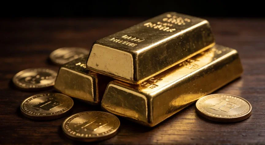Puros y monedas de oro apilados en una mesa de madera