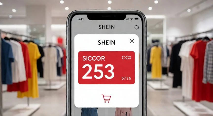 Mujer planificando un presupuesto antes de comprar en la app de Shein con nota manuscrita