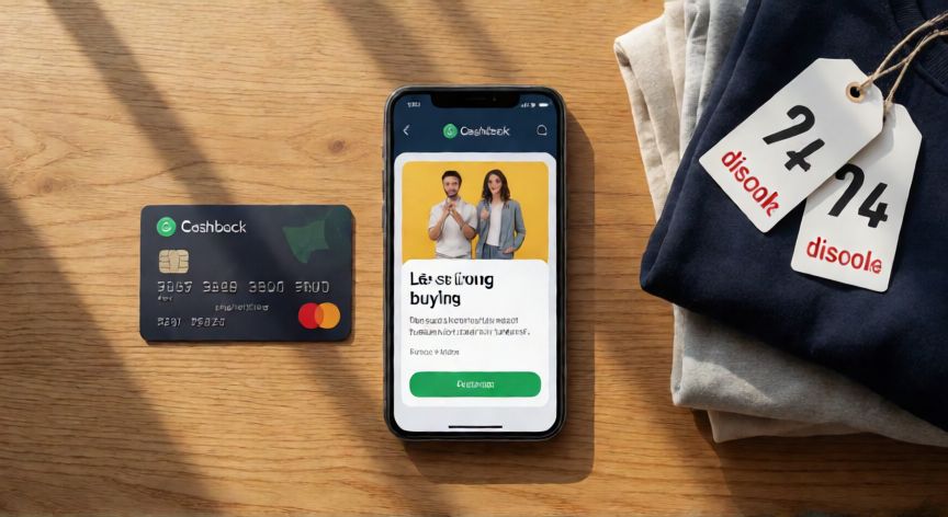 como ahorrar en shein, Tarjeta de crédito con cashback y móvil mostrando ofertas de compra grupal sobre ropa