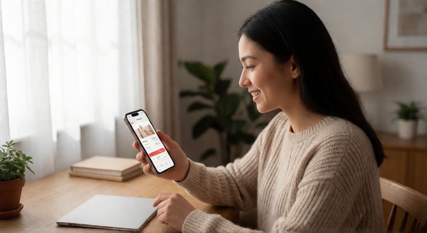 como ahorrar en shein españa, Mujer usando su móvil para buscar ofertas en una app de compras