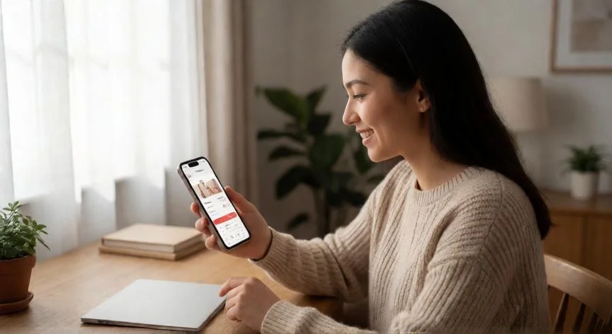Mujer usando su móvil para buscar ofertas en una app de compras