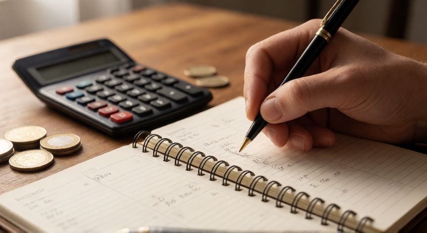 Persona planificando su presupuesto mensual en una libreta de finanzas