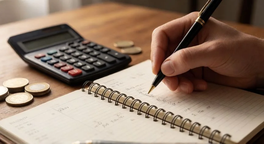 Persona planificando su presupuesto mensual en una libreta de finanzas