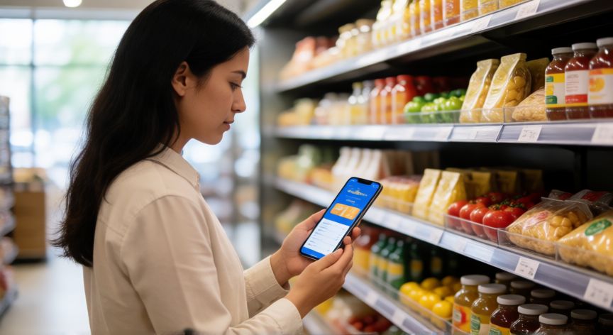 Mujer usando la aplicación de Walmart para ver cupones digitales en el supermercado