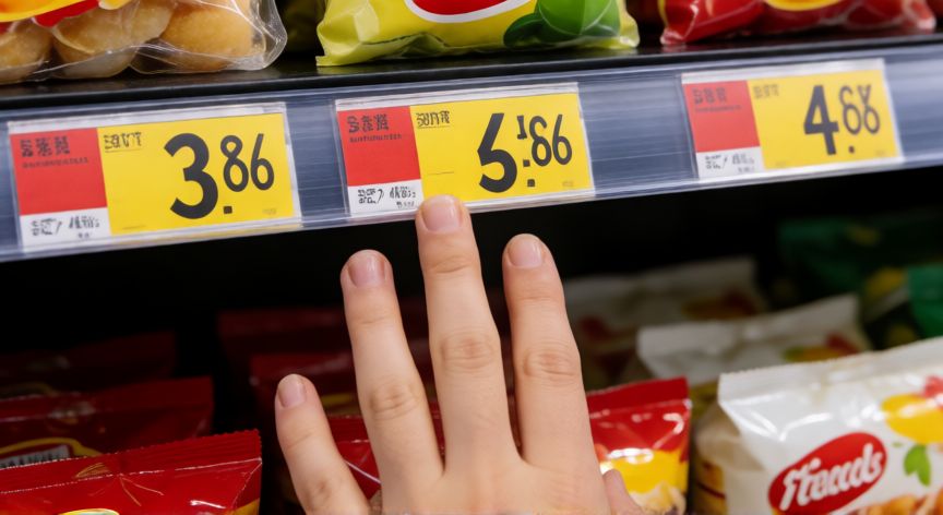como ahorrar en walmart, Estantería de supermercado con etiquetas de precios de descuento y productos de marca propia