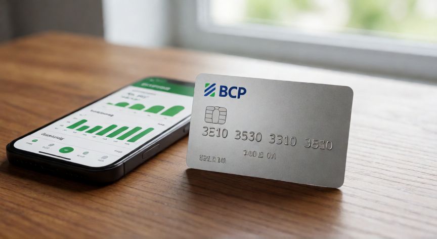 Tarjeta de débito BCP sobre un escritorio con una aplicación de banco en el teléfono