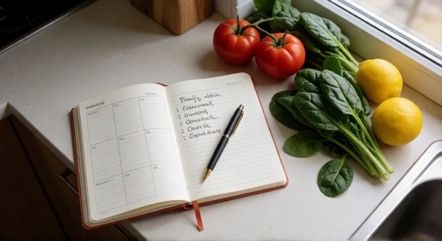 Planner de comidas semanal y lista de la compra sobre la encimera de la cocina