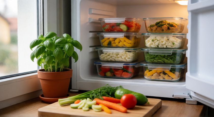 como ahorrar en wardaditos, Recipiente de comida cocinada por lotes en el congelador y plantas aromáticas