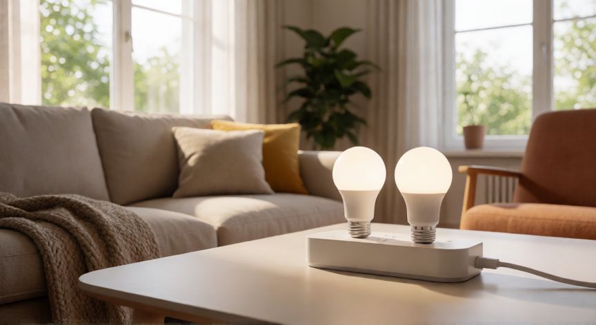 cómo ahorrar energía, Regletas inteligentes y bombillas LED en una sala de estar moderna
