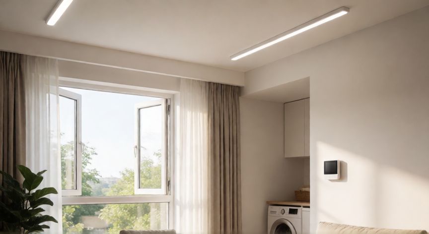 Sala de estar moderna con iluminación LED y uso de luz natural para ahorrar energía