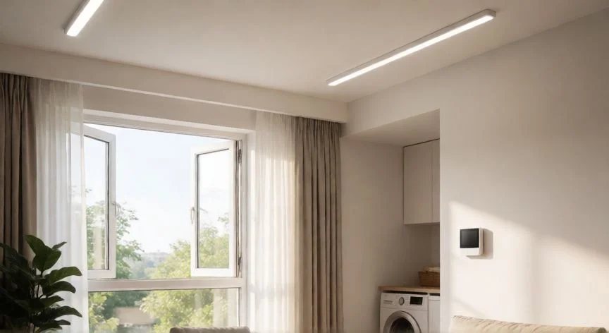 Sala de estar moderna con iluminación LED y uso de luz natural para ahorrar energía
