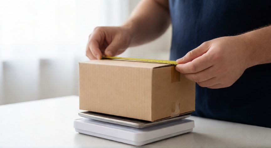 Persona midiendo y pesando una caja para optimizar el envío