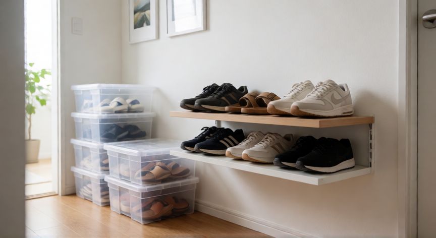 Organización de zapatos en estantes flotantes y cajas apiladas en un pasillo moderno