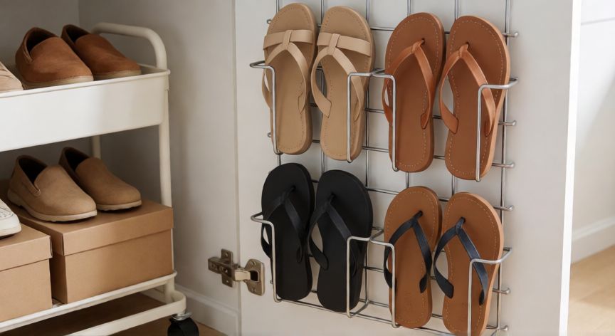 como ahorrar espacio con los zapatos, Organizador de rejilla colgado en puerta y carrito de almacenamiento para zapatos