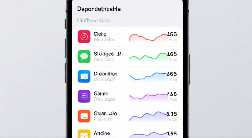 como ahorrar espacio en iphone, Pantalla de almacenamiento del iPhone mostrando aplicaciones ordenadas por tamaño