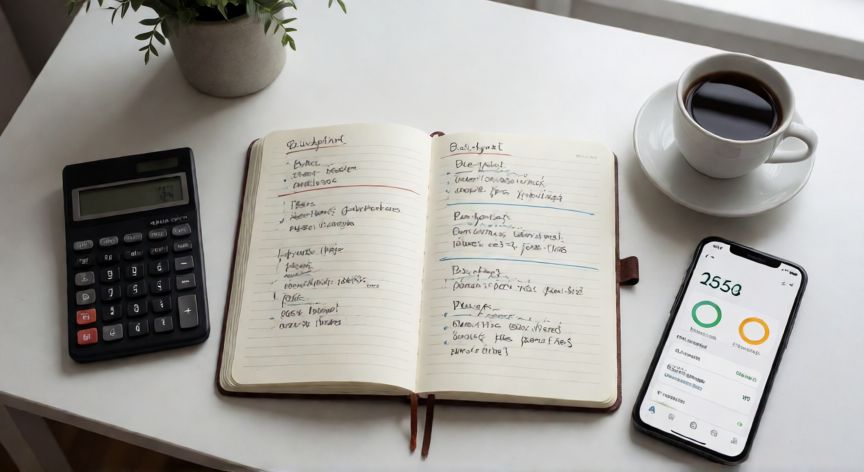como ahorrar facil, Cuaderno de presupuesto y teléfono con app de finanzas sobre escritorio